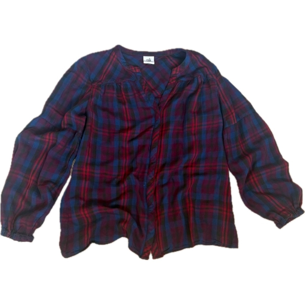 Cabi Caroling Shirt #4070 Small Button Up Plaid‎ Holiday Blue Red Puffy Sleeves